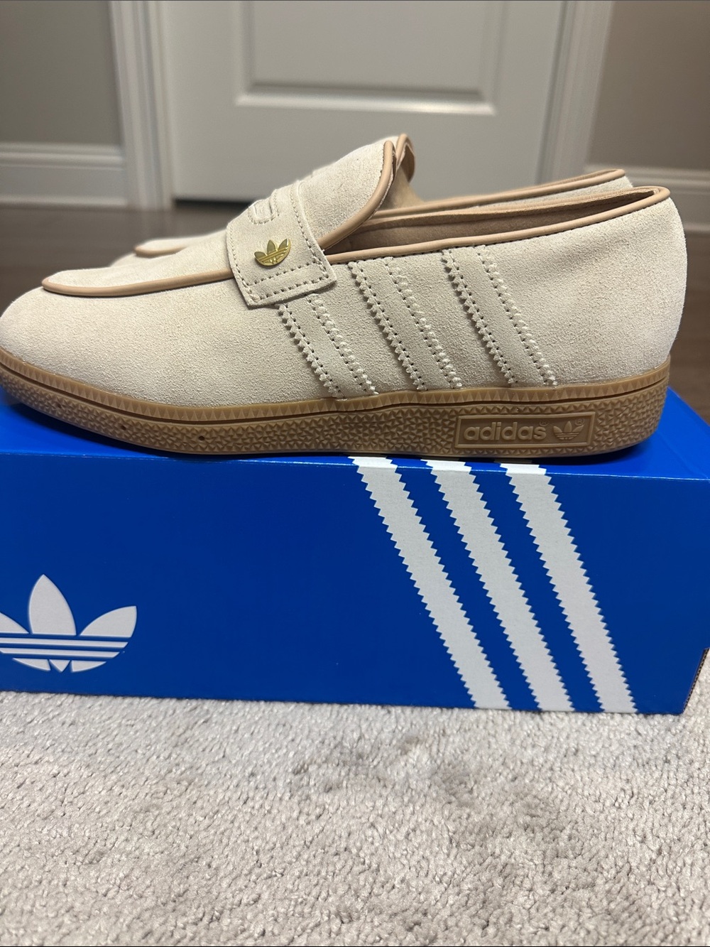 adidas women’s Cream Suede Slip-On Loafers with Gold Trefoil